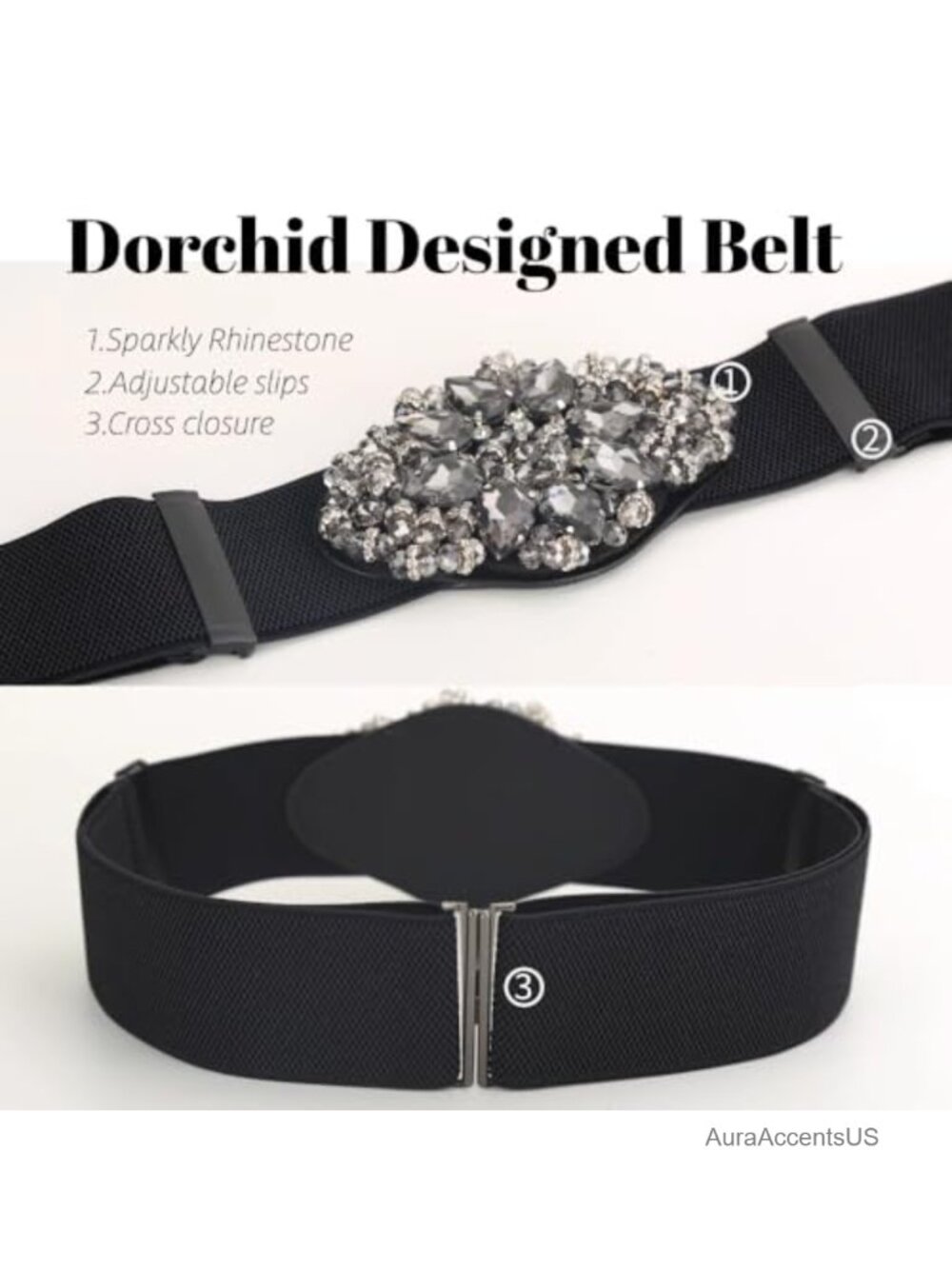 Stretchy Rhinestone Beaded Belt for Women, Adjustable Elastic Dress Belt, Wide - Picture 3 of 6